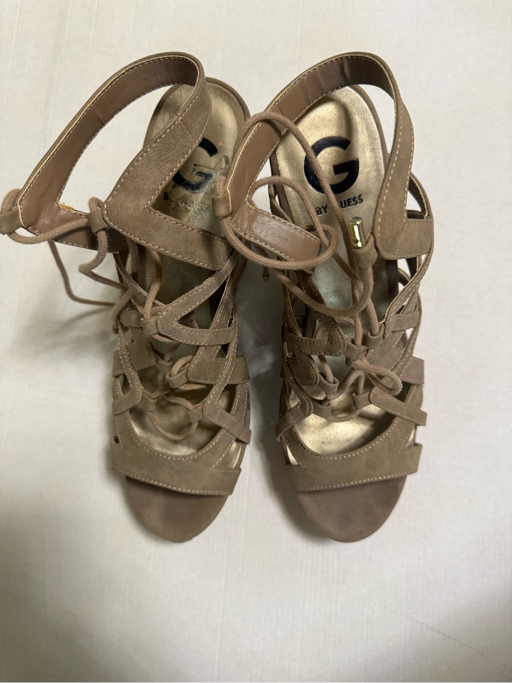 G by Guess Taupe Lace-Up Strappy Heeled Sandals